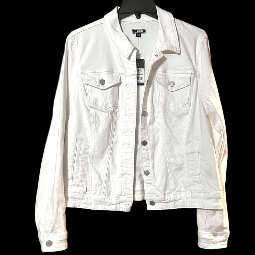Izod NWT White Denim Jacket Women's XL Button Front and Sleeves